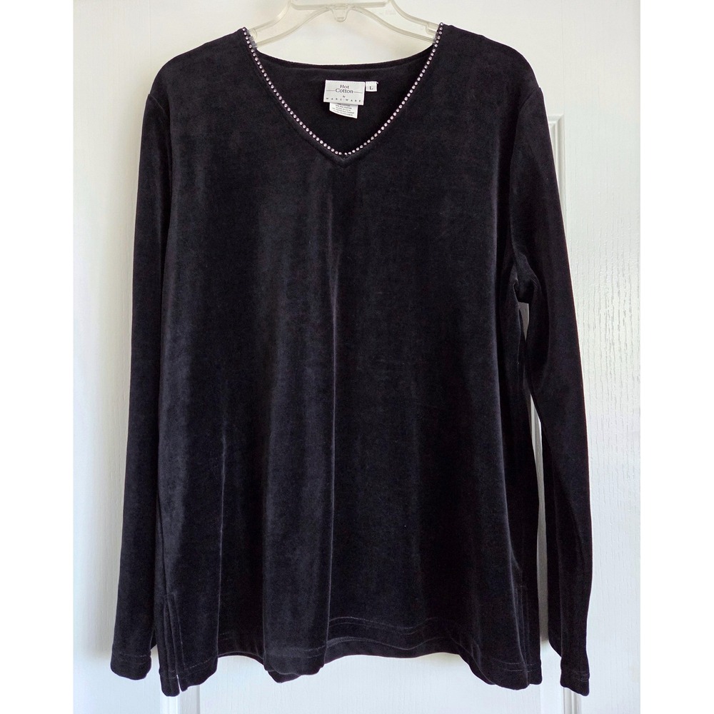 VTG Hot Cotton by Marc Ware‎ Black Velvet Rhinestone V-Neck Long Sleeve Top Sz L